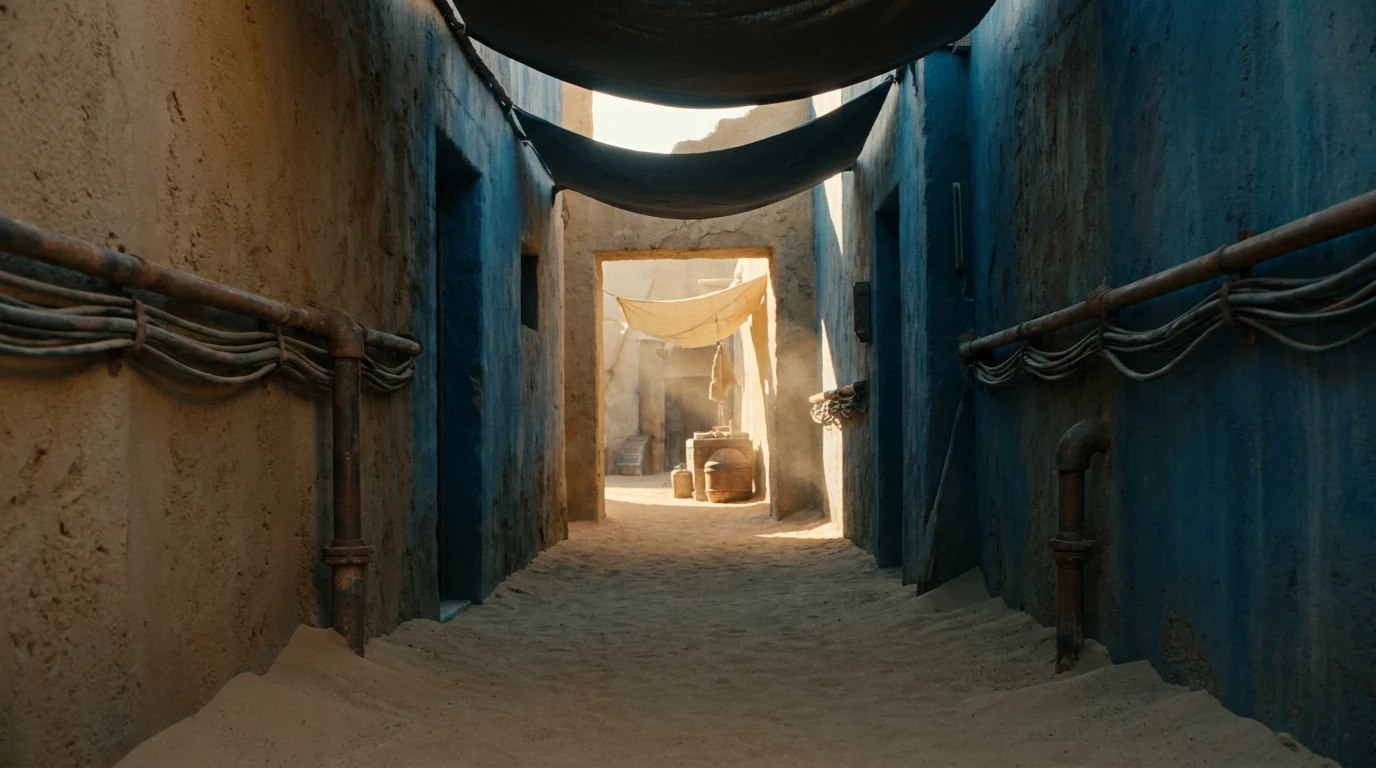 The back alley in Dust Gate: blue-washed walls under dark canopies, a bright doorway at the far end