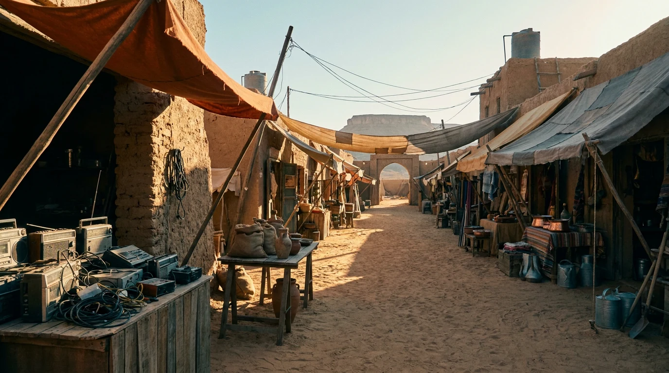 A sunlit desert market street of mud-brick stalls under canvas awnings, an arched gate at its far end