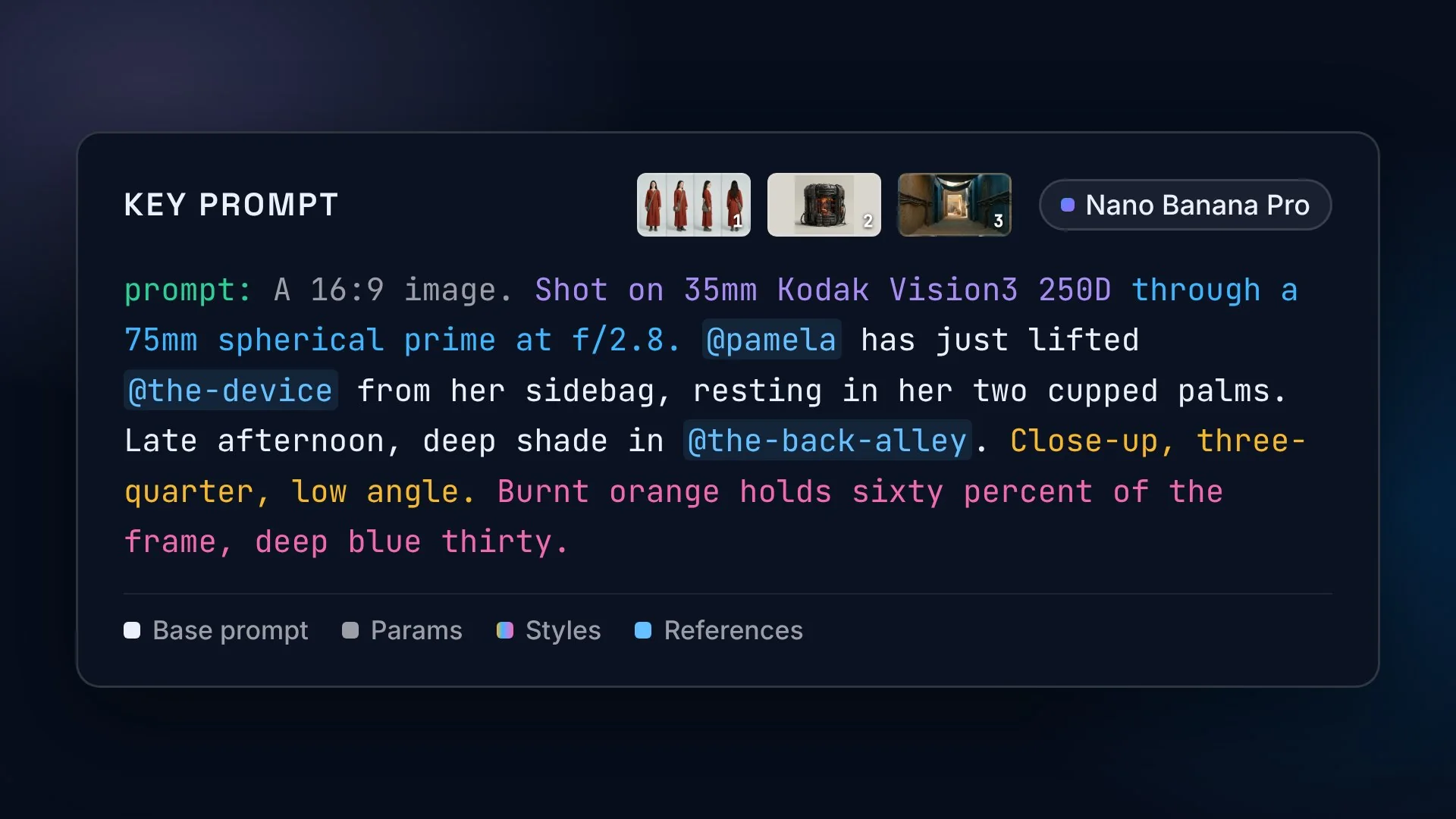 A Key Prompt with each part coloured by its source (base prompt, parameters, styles and references), with a legend