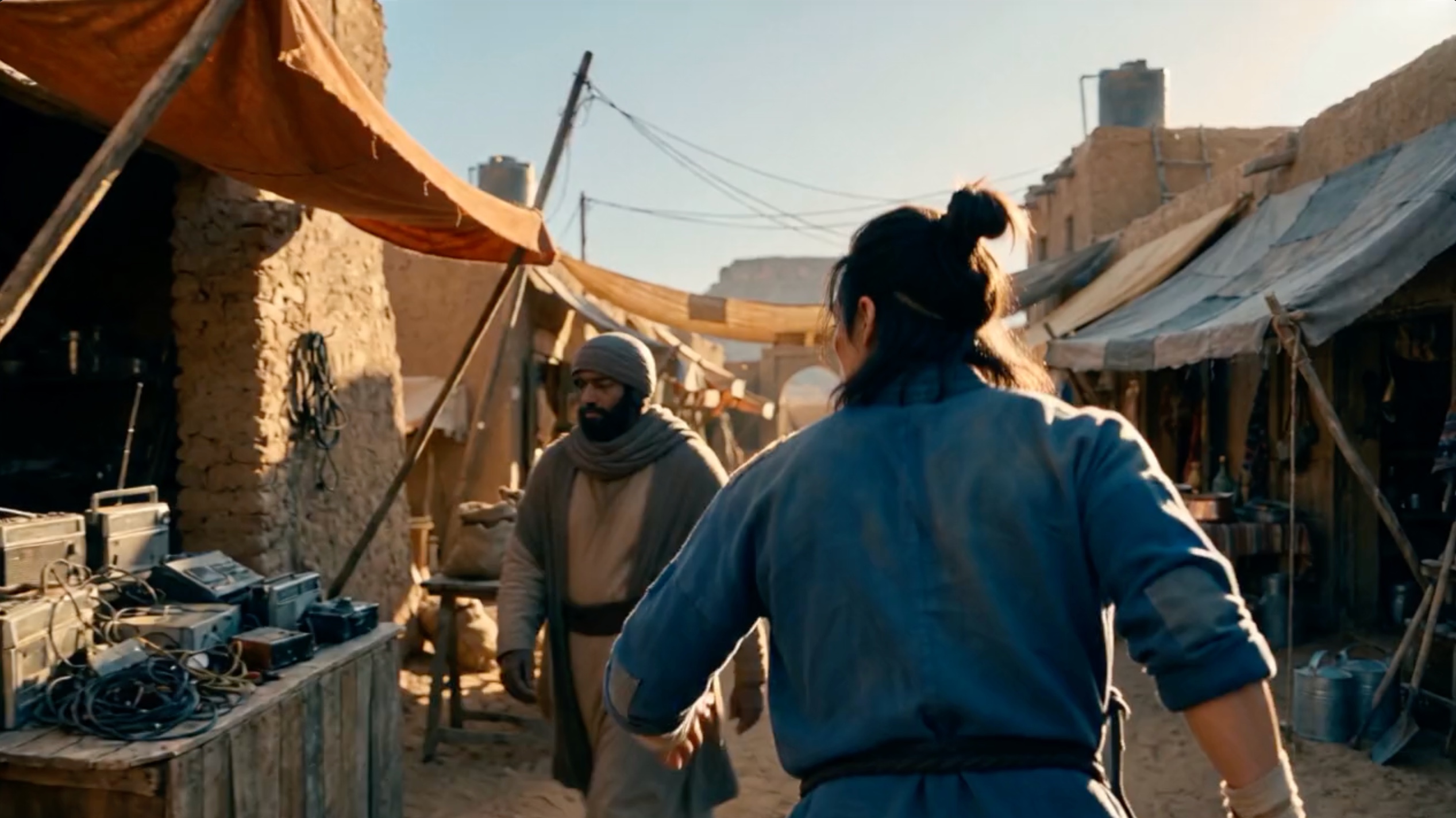 The opening frame of Dangerous Rendezvous: a frontier desert town under a low sun