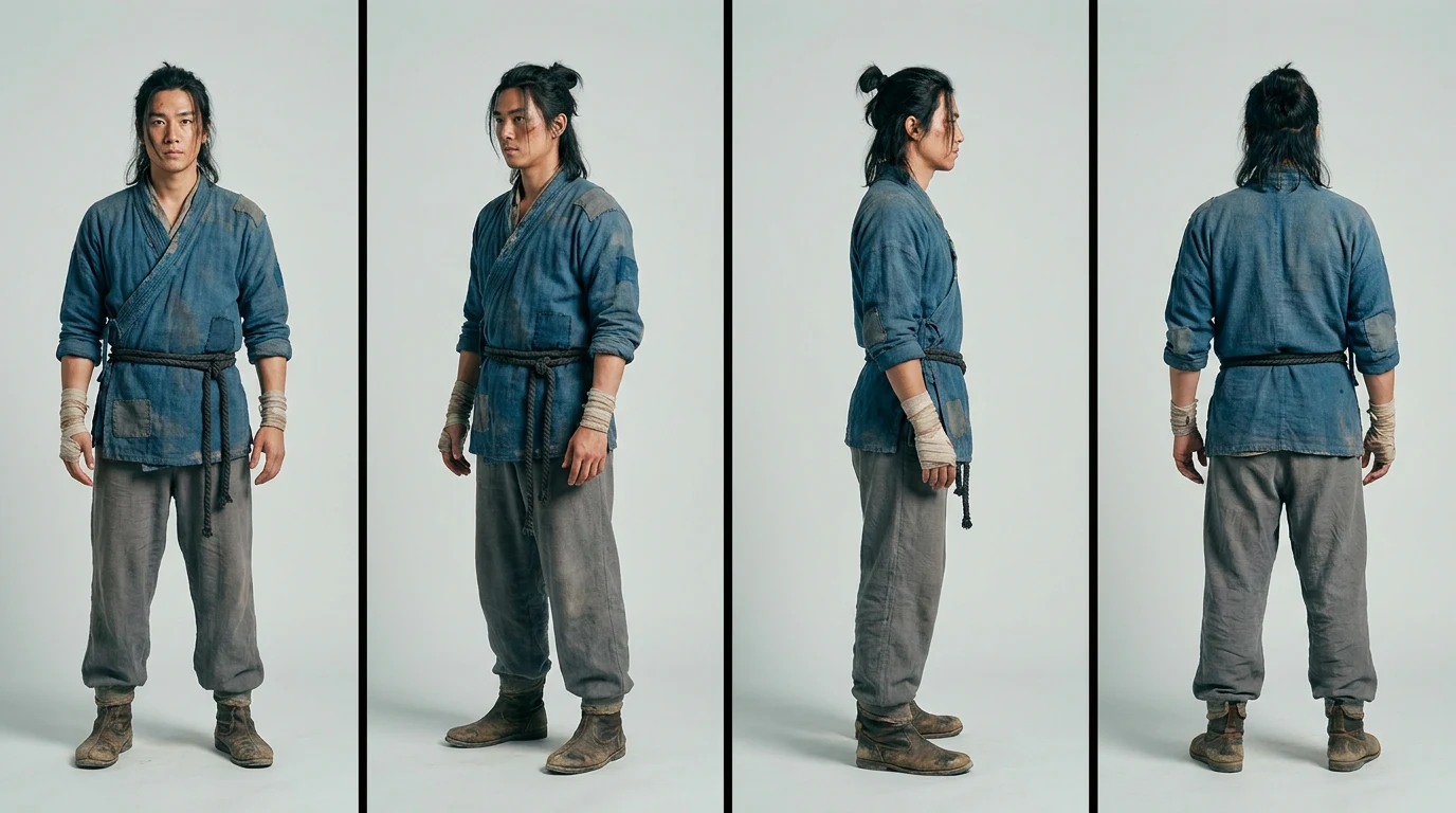 A character sheet of Orin in a patched blue jacket and rope belt, seen from the front, three-quarter, side and back