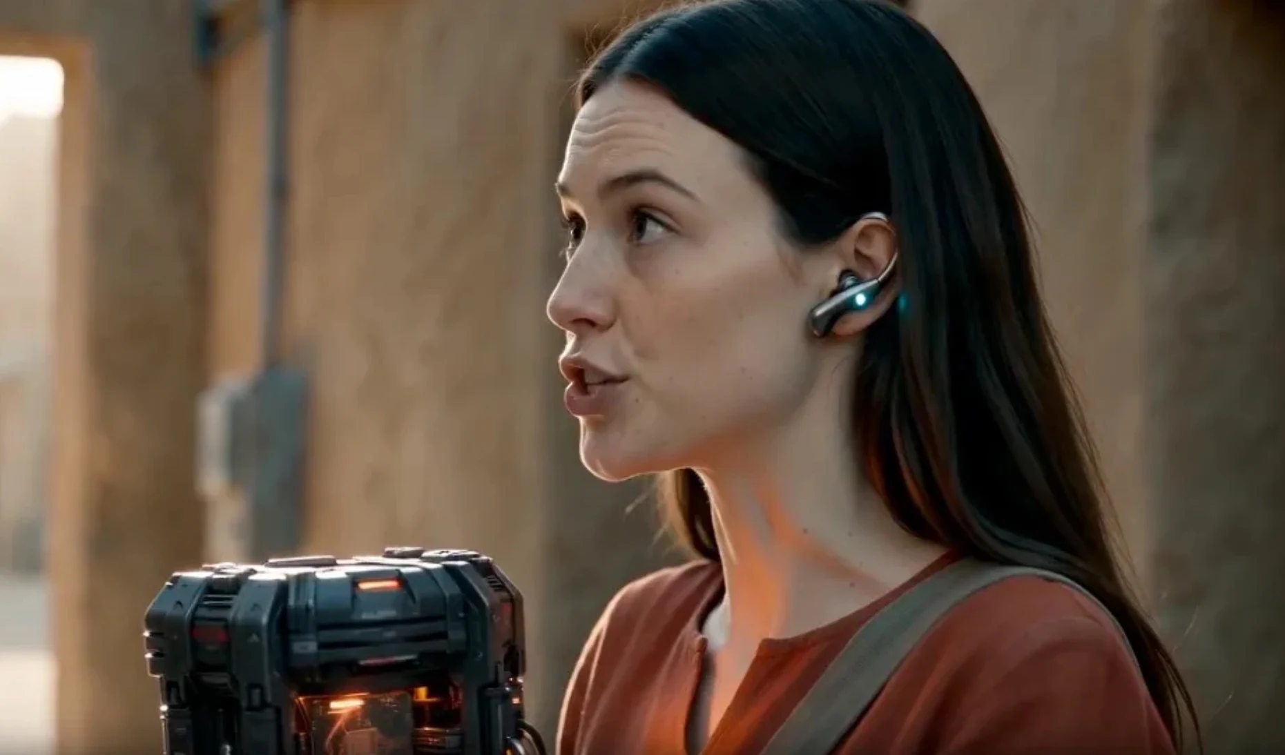 Pamela in close-up, a glowing earpiece at her ear and the device in frame
