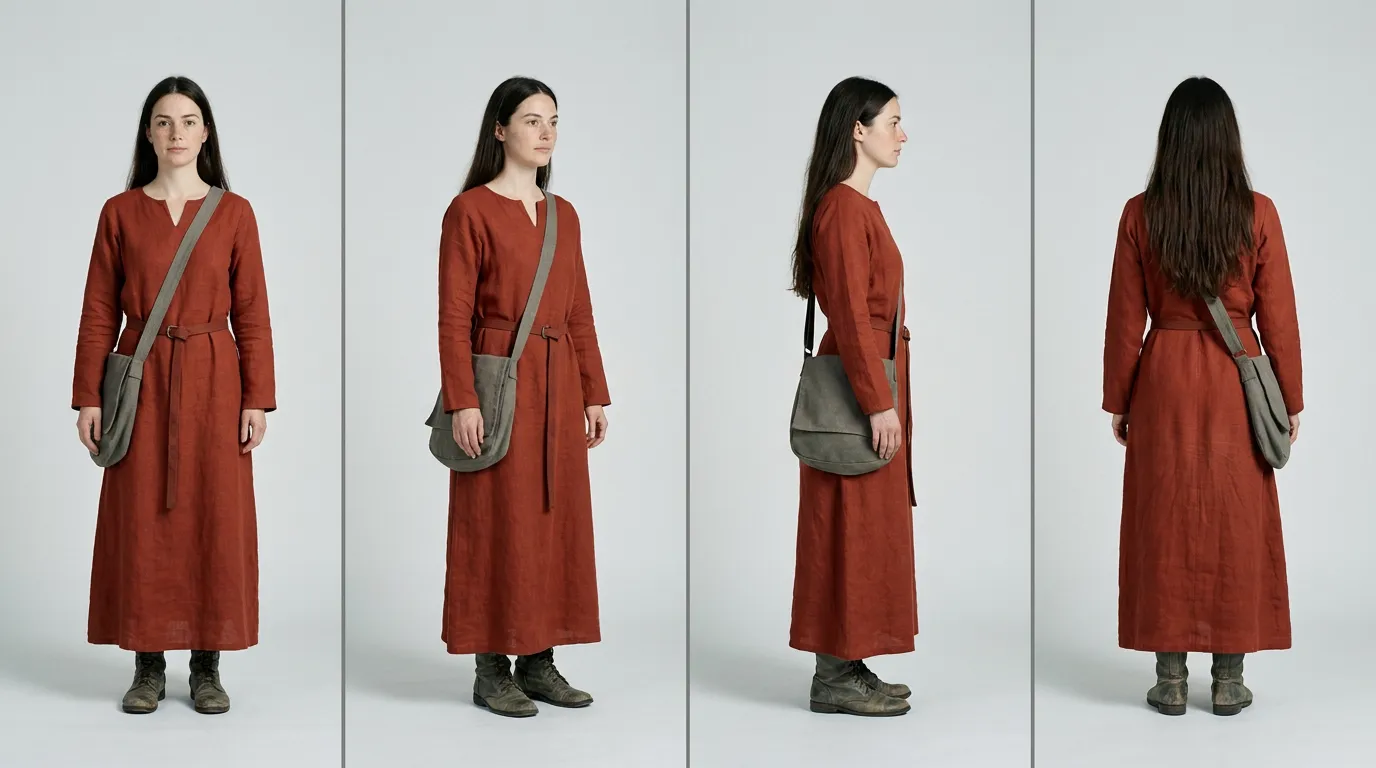 Pamela's turnaround sheet: front, three-quarter, profile and back, in a rust-red tunic with a grey sidebag