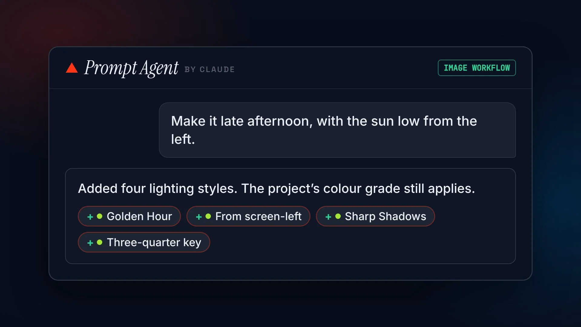 A Prompt Agent turn that adds four lighting styles to the prompt