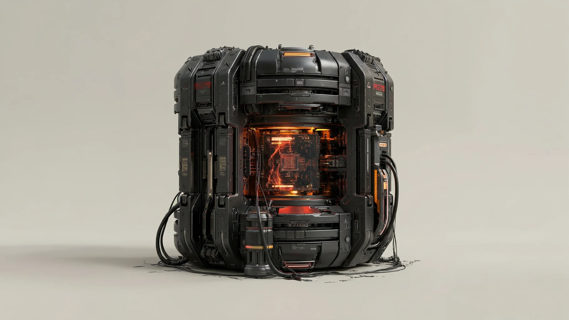 The device: a black armoured cylinder with a glowing orange circuit core, trailing cables