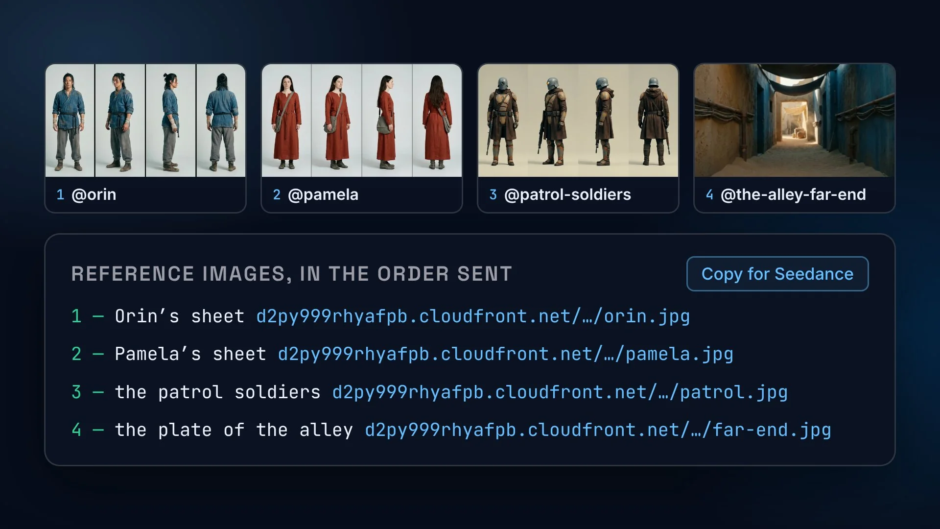 Four reference images with their @names, and the list of reference images in the order sent, each with its URL