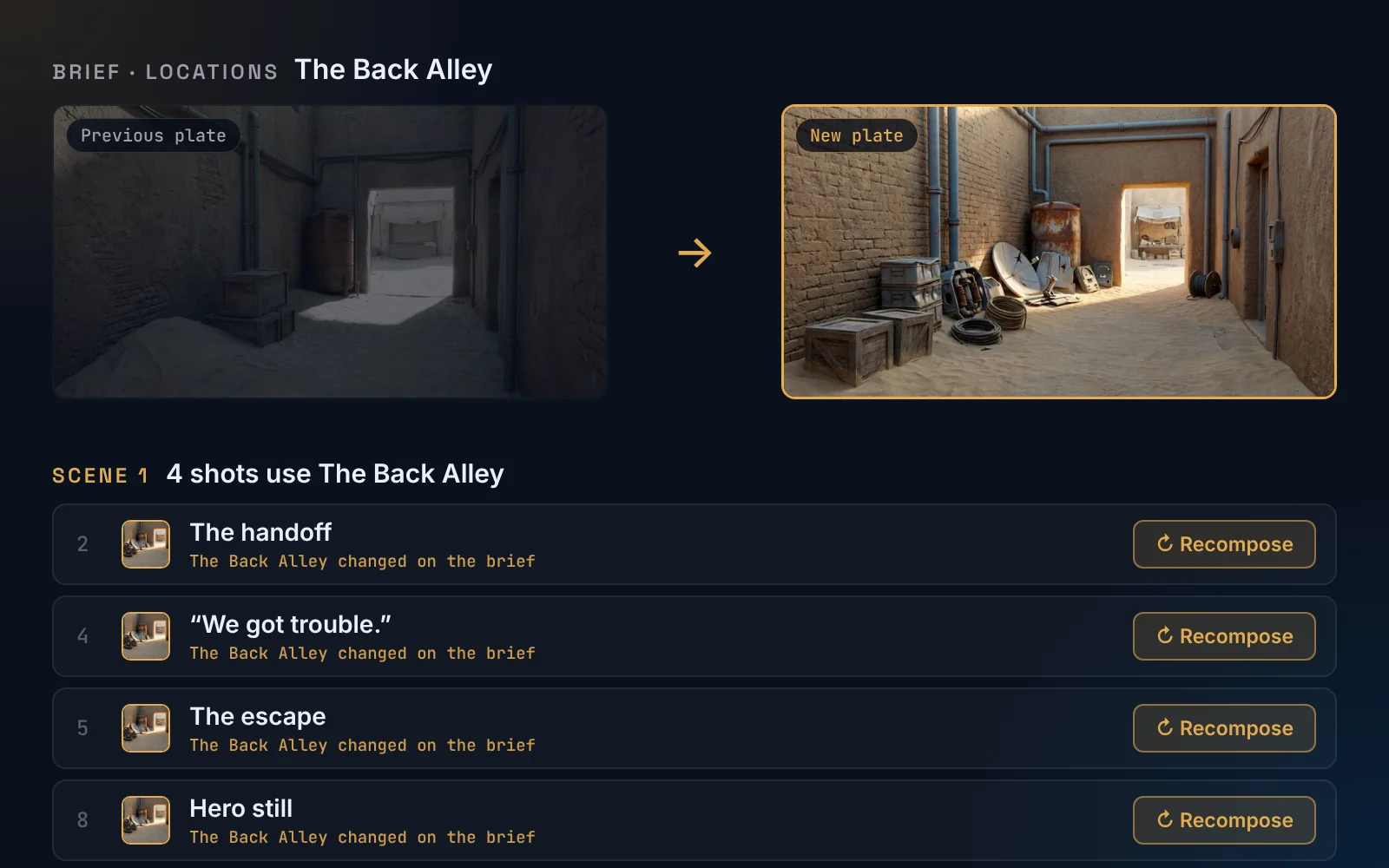 The Back Alley’s plate replaced on the brief, and the four shots that use it flagged with a Recompose button.